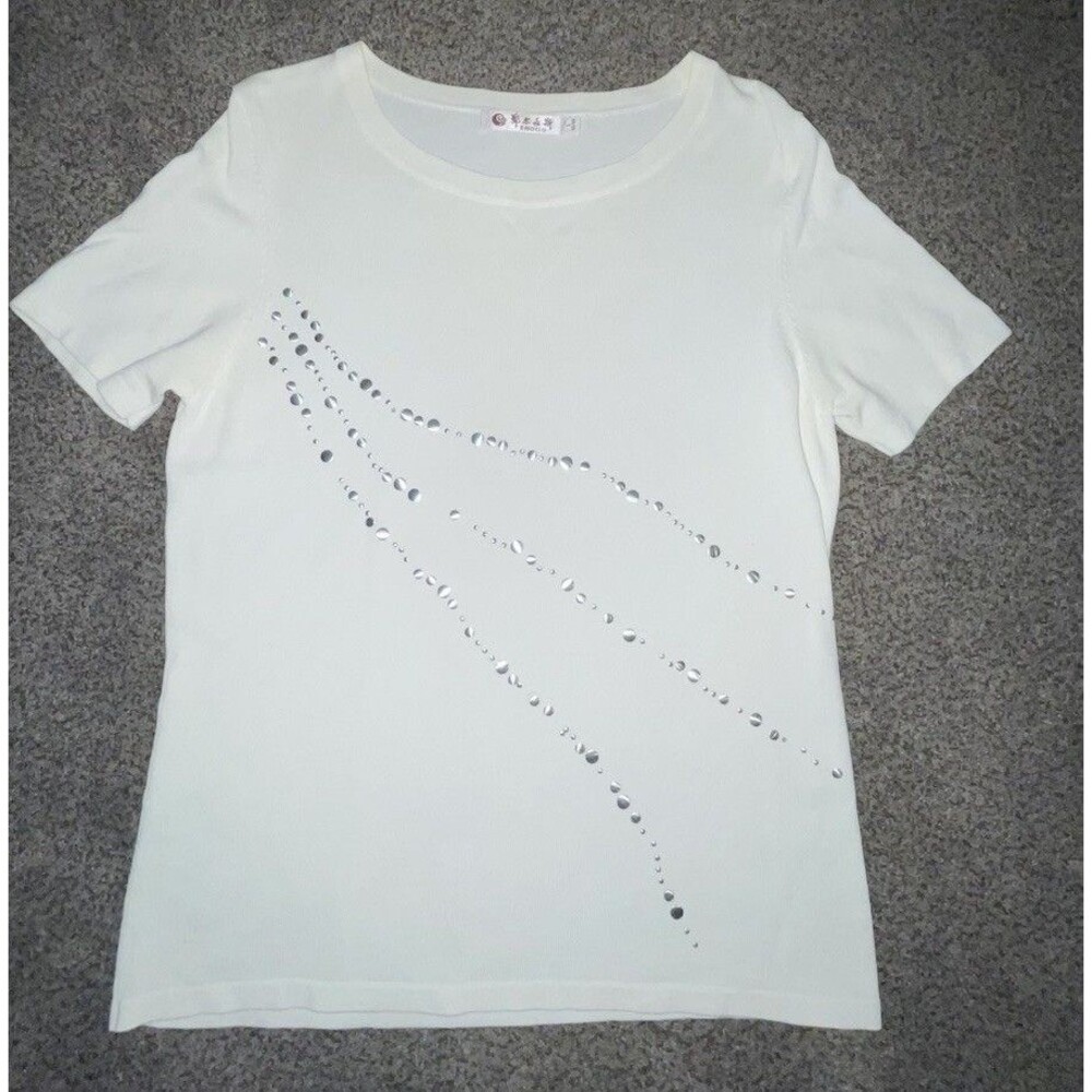 Erdos White Silver Decal Rayon Blend Short Sleeve Top Large